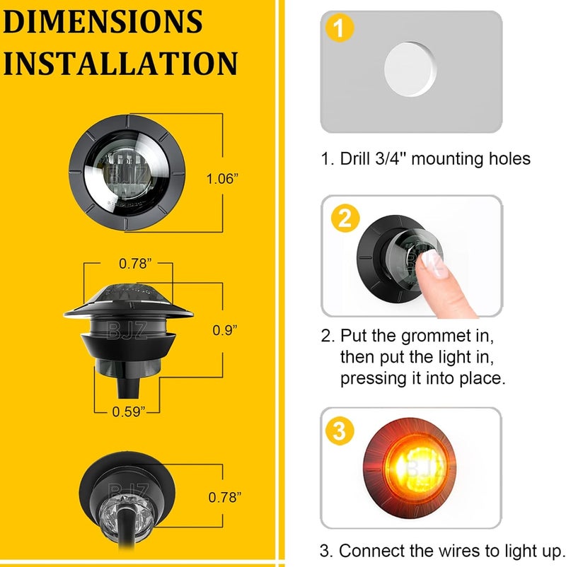 BJZ 3/4" Side Marker Trailer LED Lights Red-Amber Dual Color 4LED Round Clearance Brake Stop Turn Signal Tail Bullet Light 12V for Trailer Truck Van RV ATV Bus, 10Pcs w/Smoked Lens - Image 4